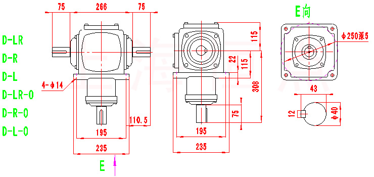 T8系列轉向箱外型尺寸圖(D-LR,D-R,D-L等)