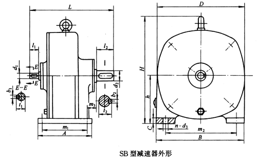 SB系列雙擺線針輪減速機外形及安裝尺寸、針齒中心圓直徑及傳動比